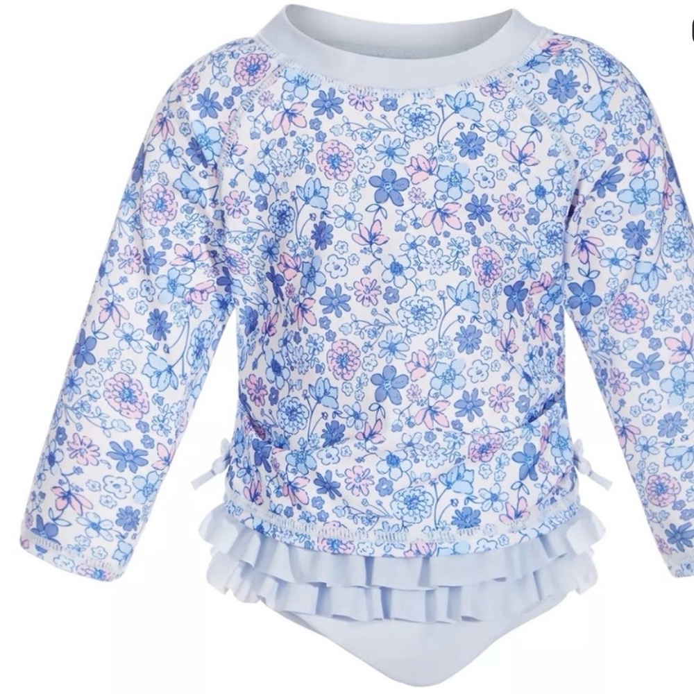 First Impressions Blue and Pink Floral Kids Swim Rashguard Set